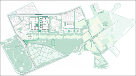 Combinant un développement urbain dense le long de l'avenue Léopold III avec un développement paysager depuis les cimetières jusqu'au Woluweveld.