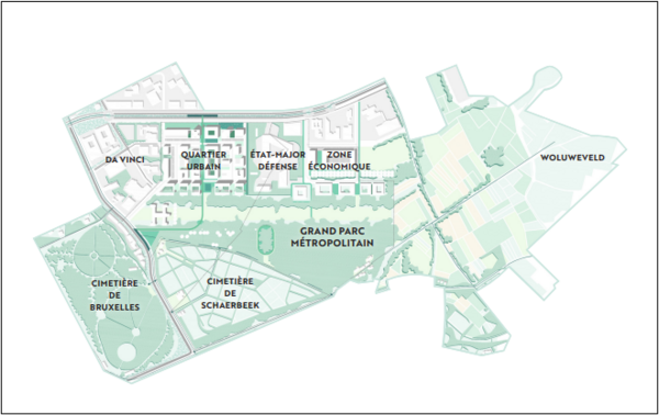 Développement urbain le long du bld Léopold III, avec un parc paysager entre les cimetières et le Woluweveld. La ligne grise est la frontière entre les régions